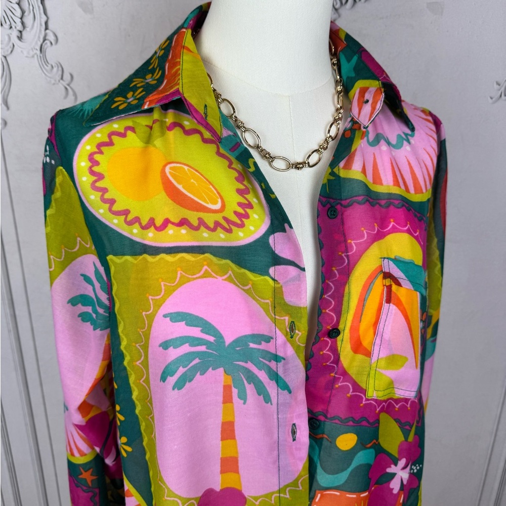 Vibrant Tropical Multicolor Oversized Button Up Shirt Dress - Picture 7 of 12